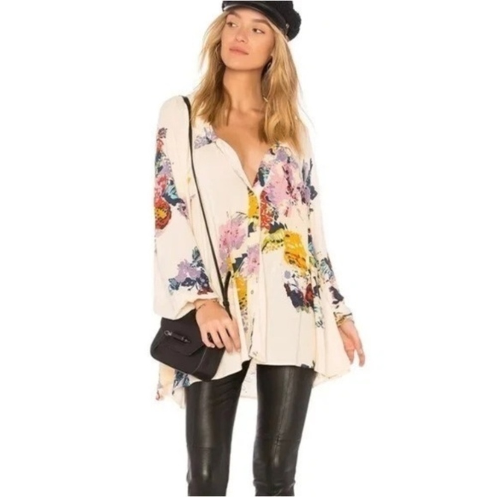 Free People Meadow Lark Floral Print Button-Down Long Sleeve Tunic top S